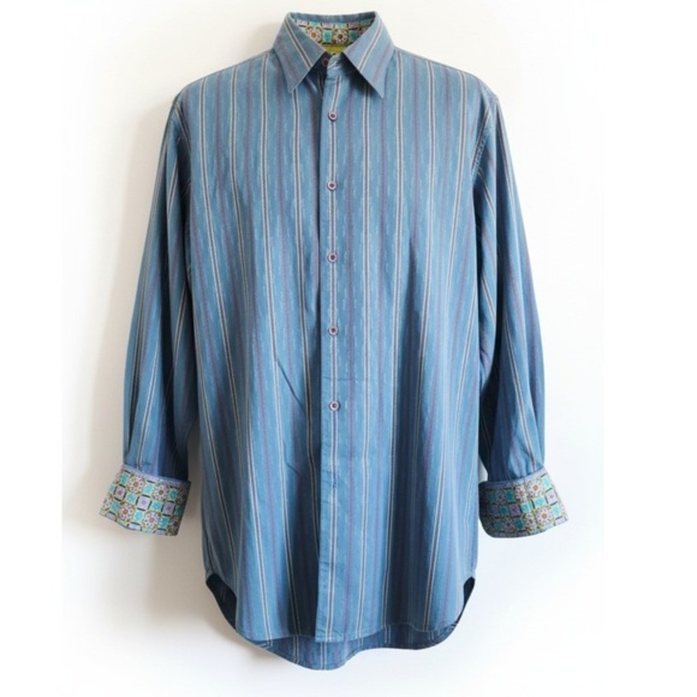 Robert Graham‎ Blue Striped Cotton Silk Button Up Shirt Men's M Made in India - Picture 2 of 14